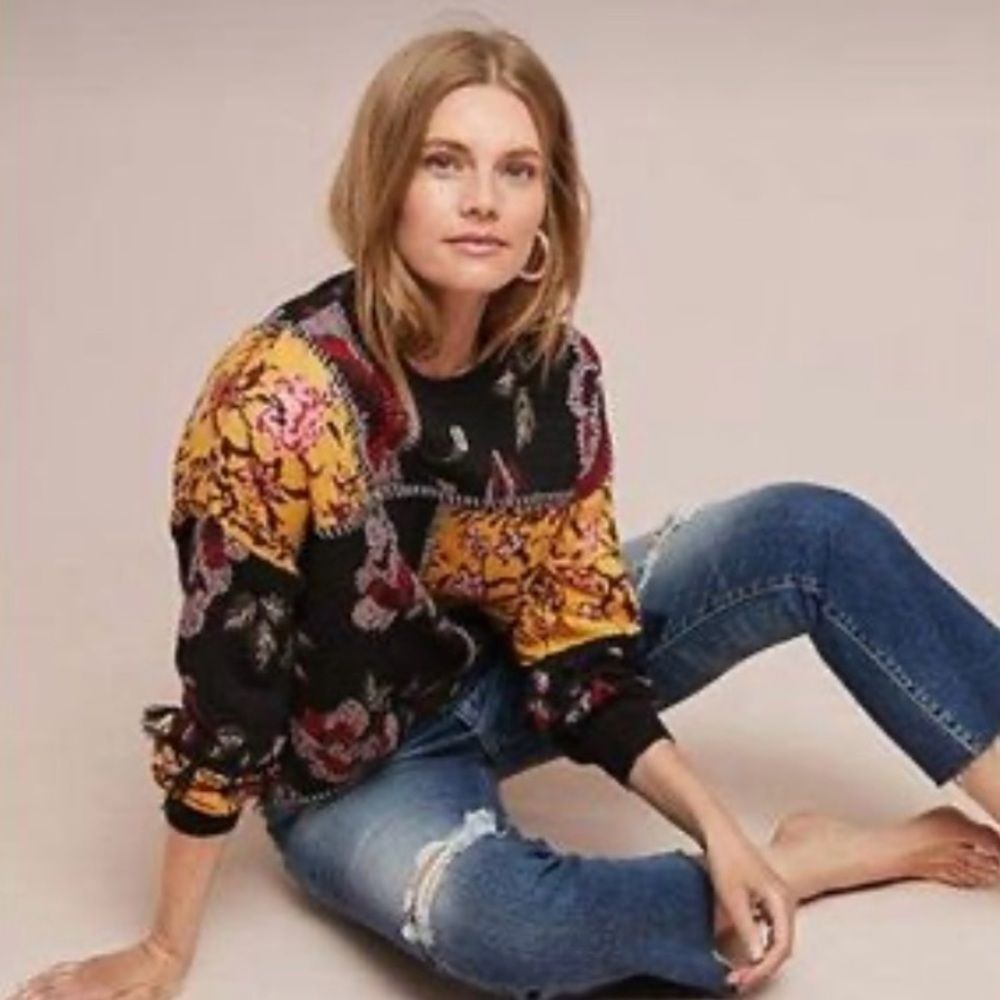 LAIA Tabatha Patchwork Sweater Embroidered Fringe Floral Black Pink Gold Size XL - Picture 2 of 15